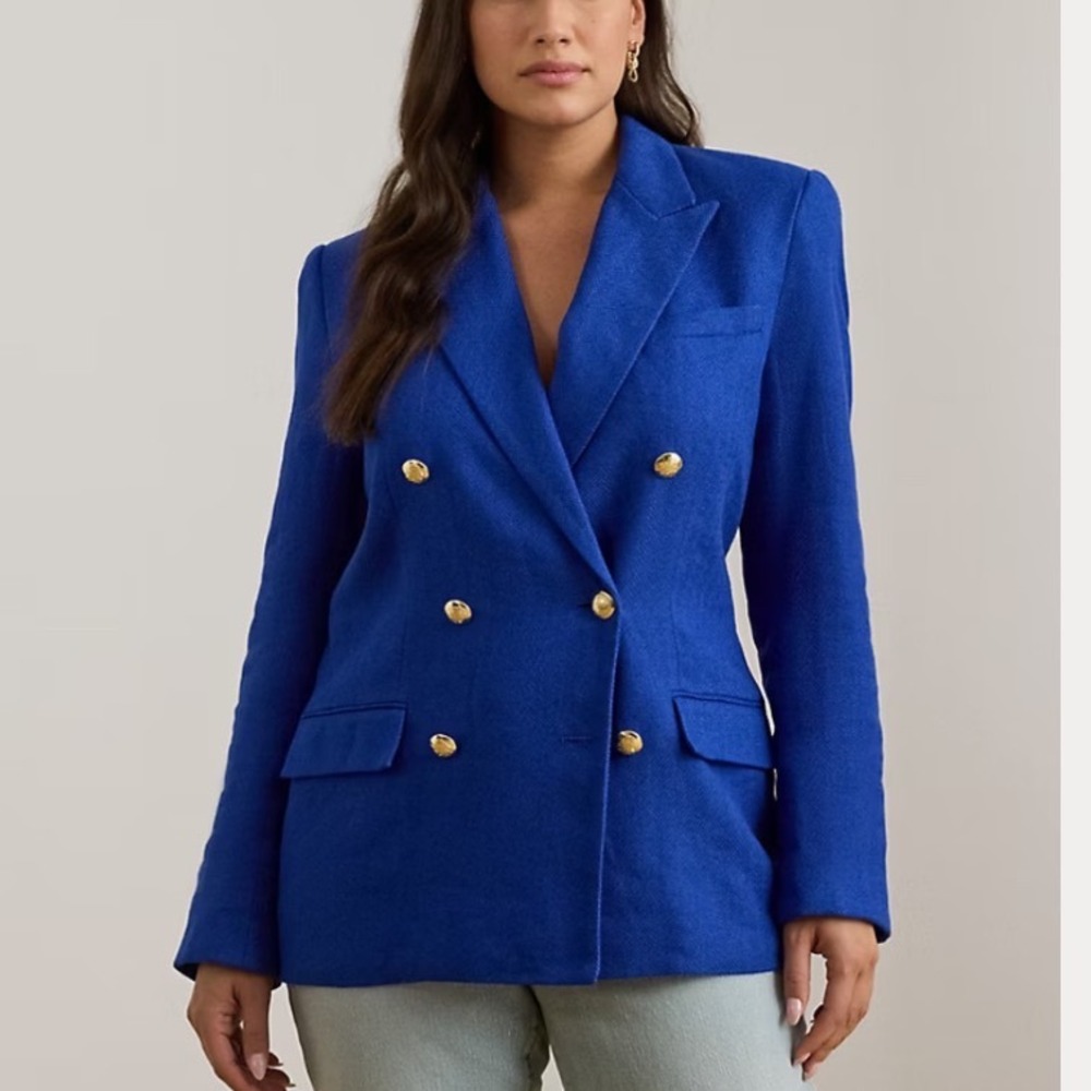 LAUREN RALPH LAUREN Double-Breasted Linen-Cotton Blazer Covolt Blue Size 18 - Picture 1 of 7